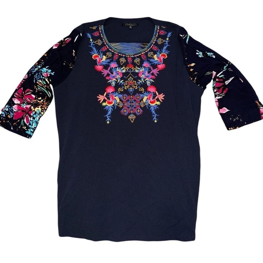 Calessa Tunic Top Womens 1X Textured Embroidered 3/4 Sleeve Art To Wear - Picture 2 of 9
